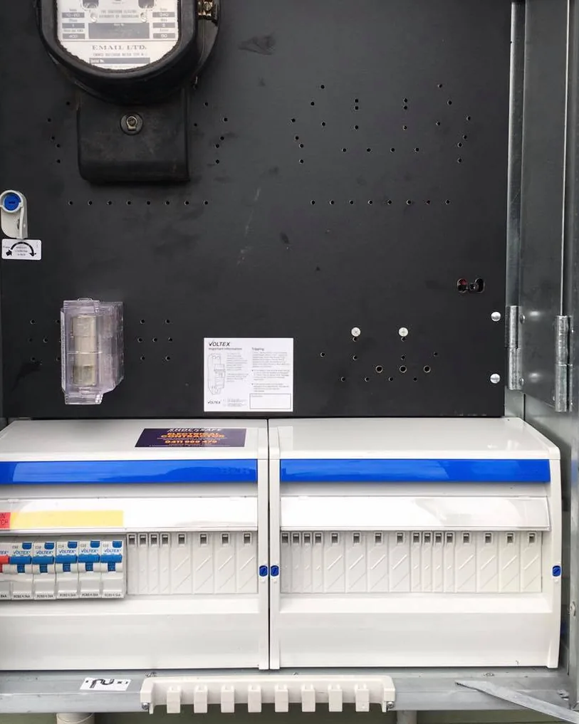 New switchboard with circuit breakers and RCD safety switches in a meter box